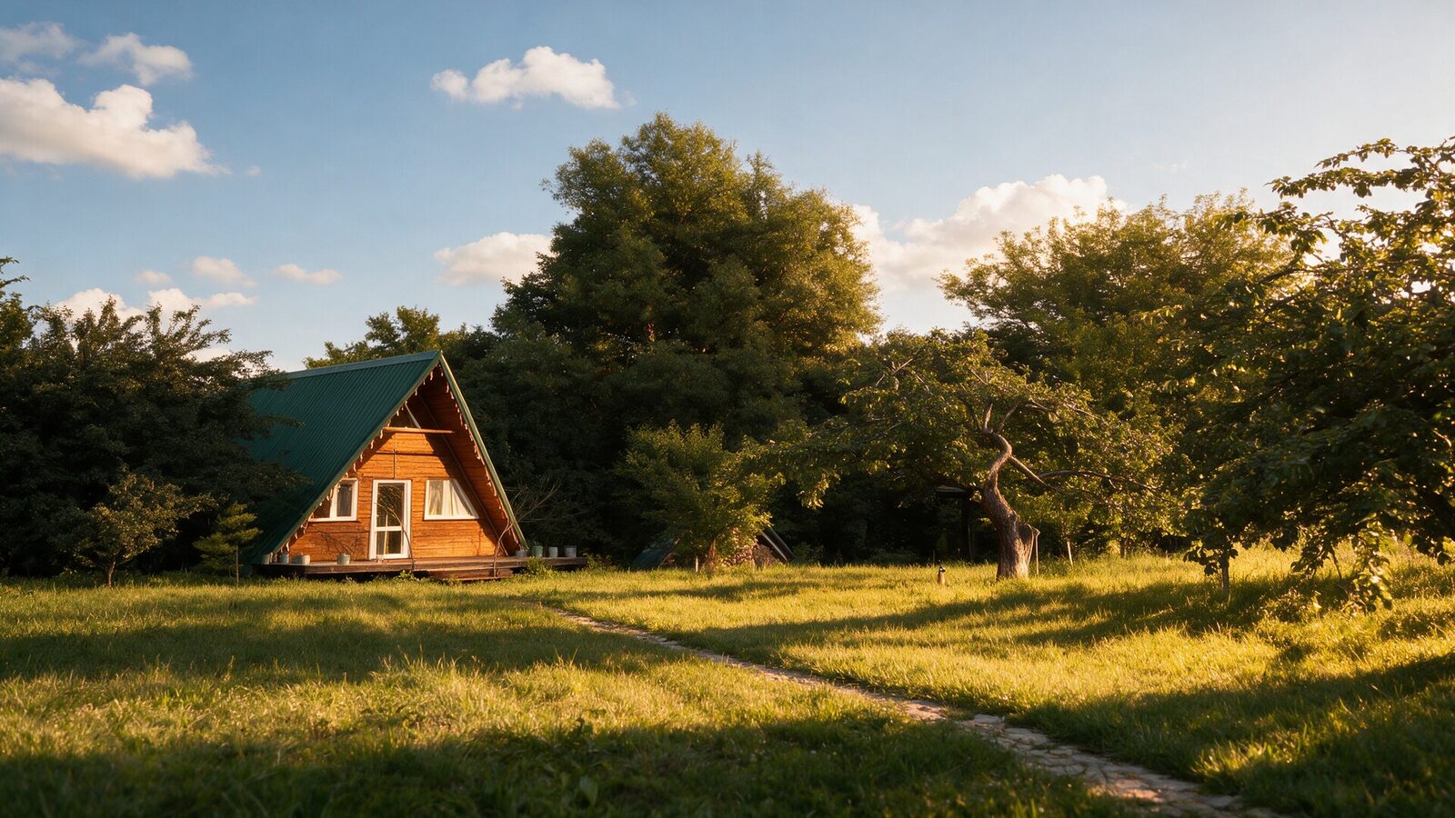 A-Frame шале в вечернем свете, тропинка через луг